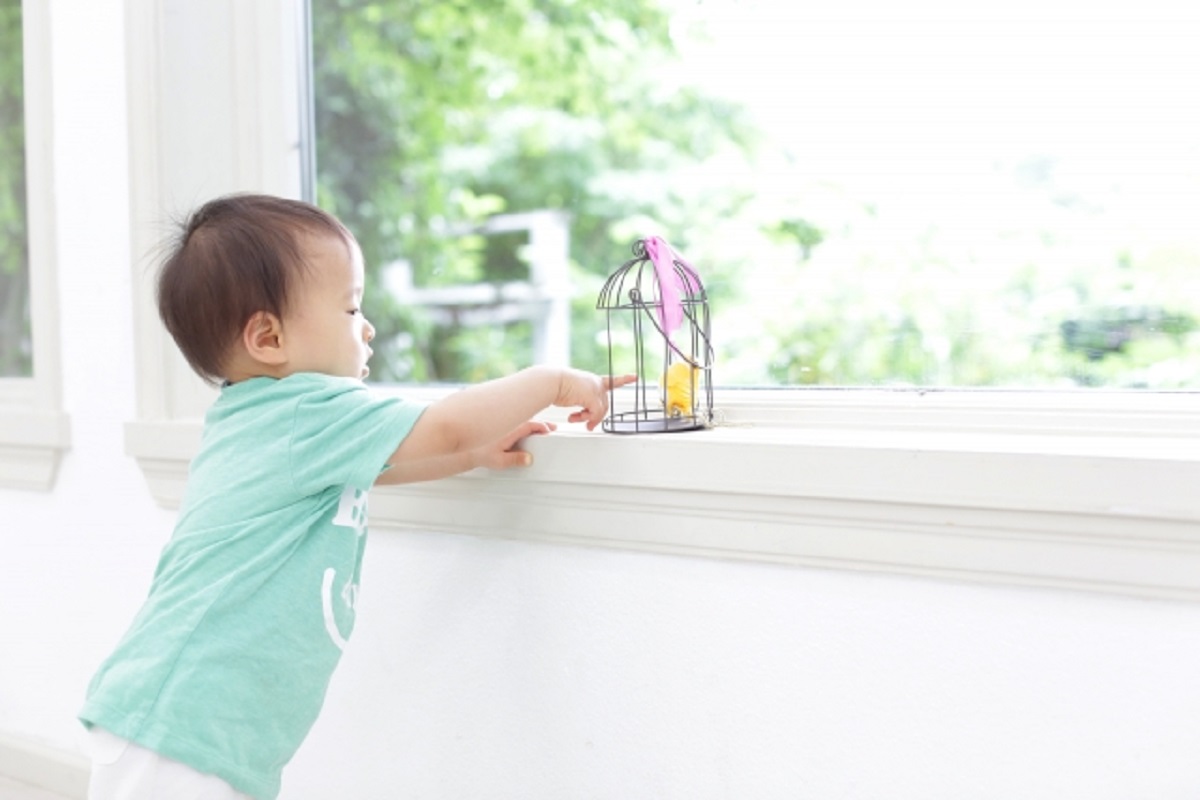 窓辺でつかまり立ちをしている赤ちゃんの写真
