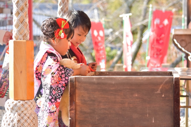 子供がお賽銭を入れる写真です